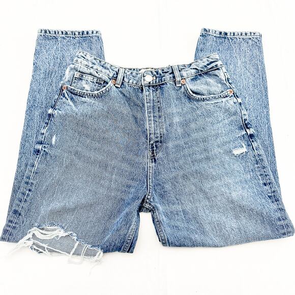 Zara Acid Wash Mom Jeans Ripped Knees Straight Leg Denim Size 10 - Picture 4 of 8